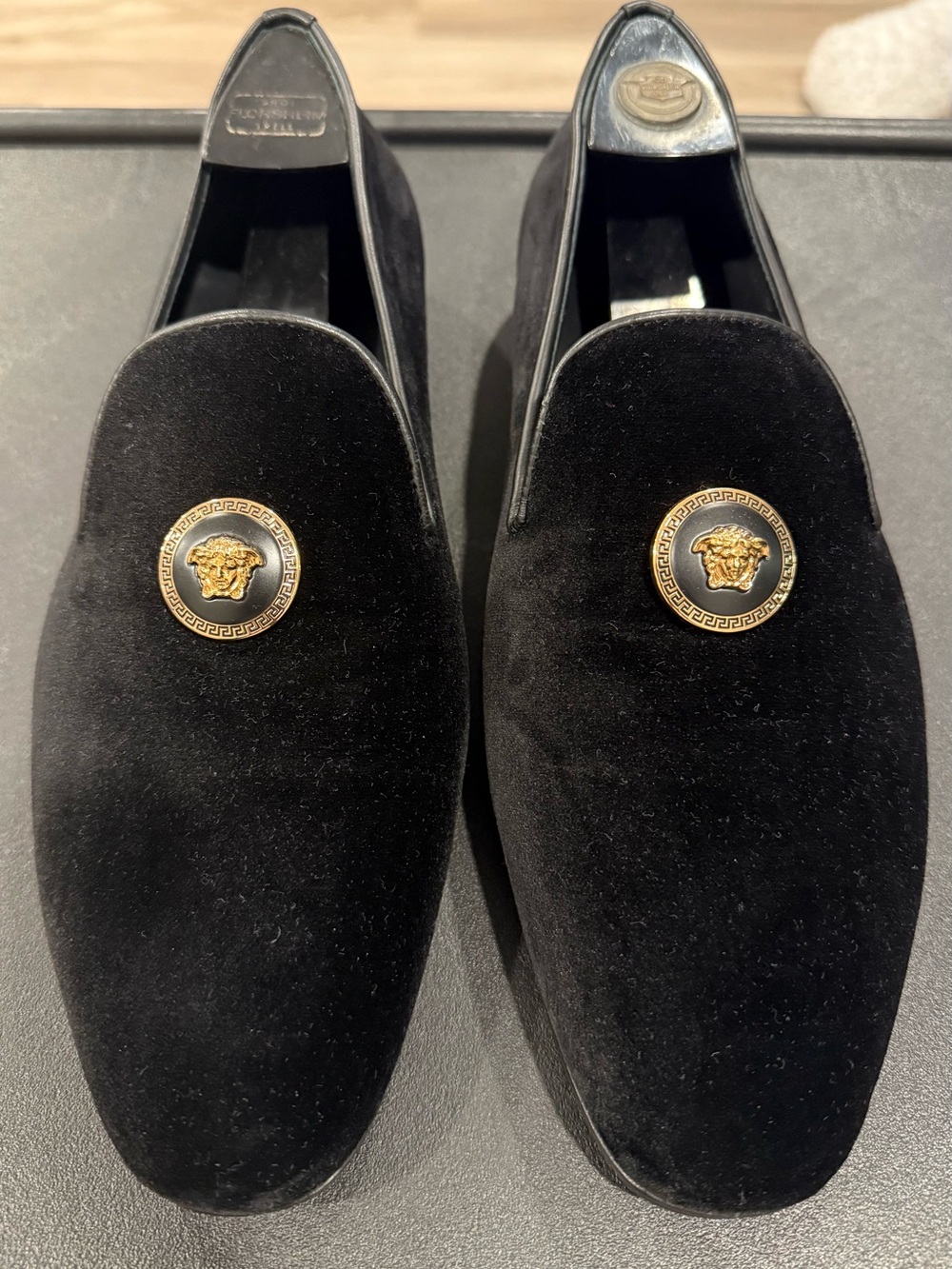 Versace Black Velvet Loafers with Gold Medusa Accent